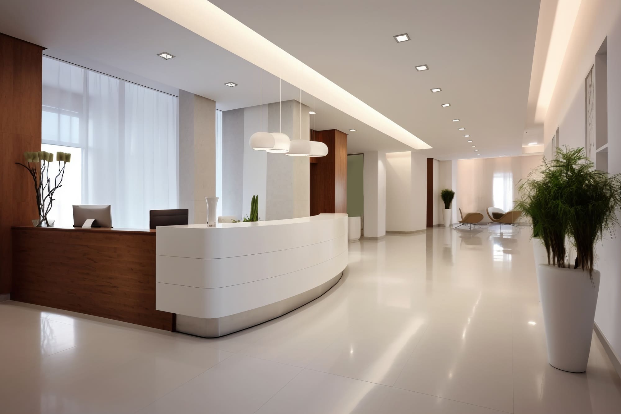 Modern office reception area with a curved white desk, potted plants, pendant lights, and seating area visible in the background.