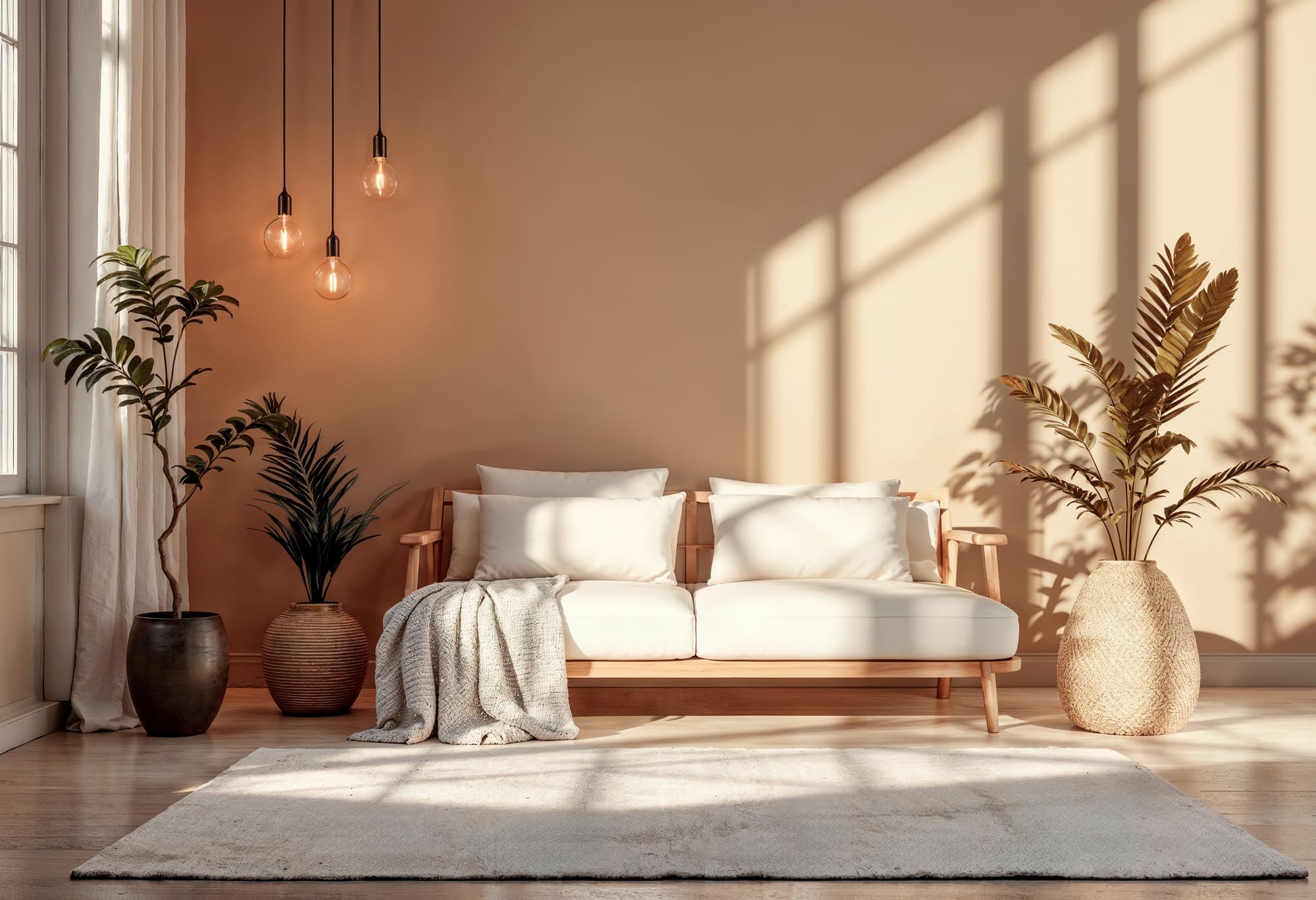 A sunlit living room with a beige sofa, white cushions, potted plants, pendant lights, a textured rug, and a light tan wall.
