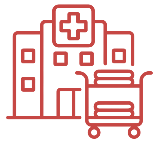 Red line drawing of a hospital building with a medical cross and a cart with folded linens in front.