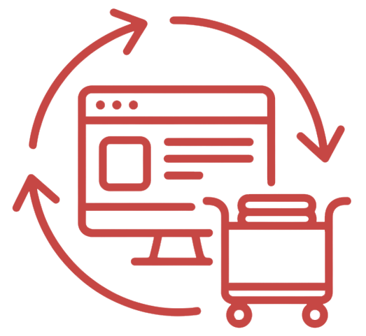Red line drawing of a computer monitor and a shopping cart, with circular arrows surrounding both, suggesting online shopping or e-commerce.