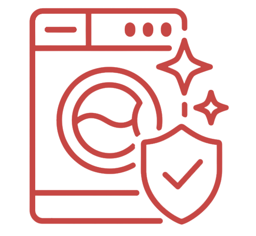 Red outline icon of a washing machine with stars and a shield featuring a check mark, representing clean or protected laundry.