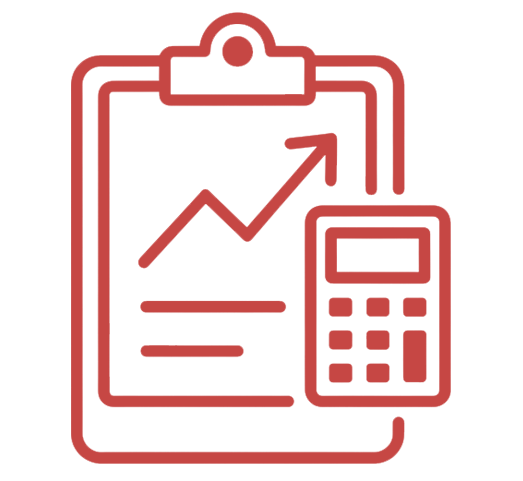 Red outline of a clipboard with a rising line graph and a calculator, symbolizing data analysis or financial calculations.