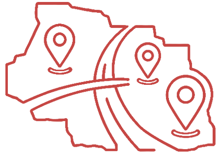 Outline of two map sections with three location pin icons and two curved lines connecting the areas, indicating travel or connection between points.