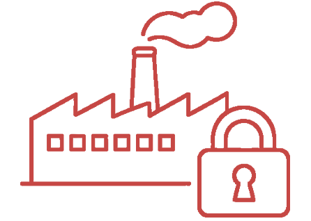 Red outline of a factory with smoke coming from a chimney, next to a large padlock icon, suggesting industrial security or protection.