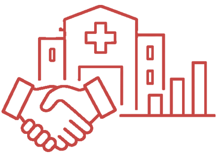 Red outline of two hands shaking in front of a hospital building with a medical cross and a bar graph on the right side.