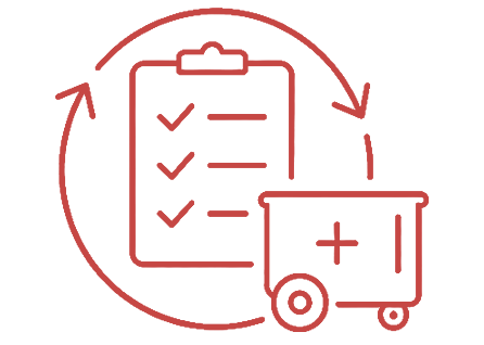 Red icon of a checklist on a clipboard with a circular arrow around it and a trash bin in front, symbolizing waste management or recycling process.