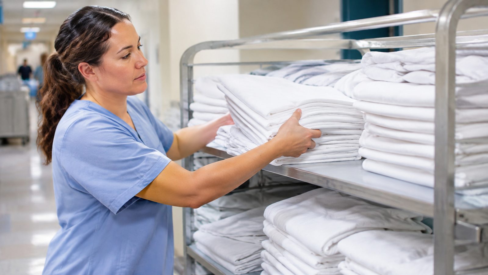 A healthcare worker in scrubs stocking folded white linens onto a distribution cart in a hospital corridor.