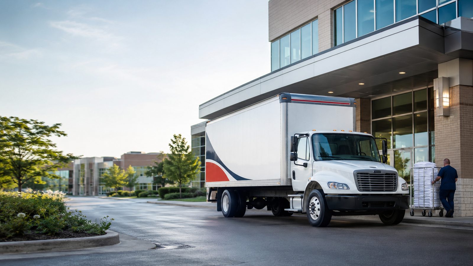 A Marberry Healthcare box truck parked at a hospital entrance while a team member wheels a cart of clean linen inside.