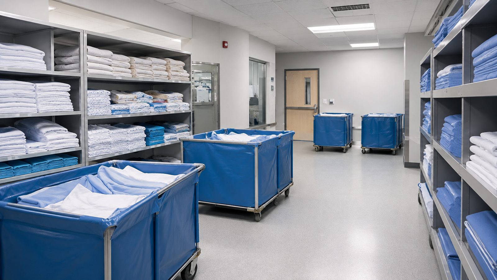 A hospital linen room lined with shelves of folded sheets and blankets, with blue linen carts staged on the floor.
