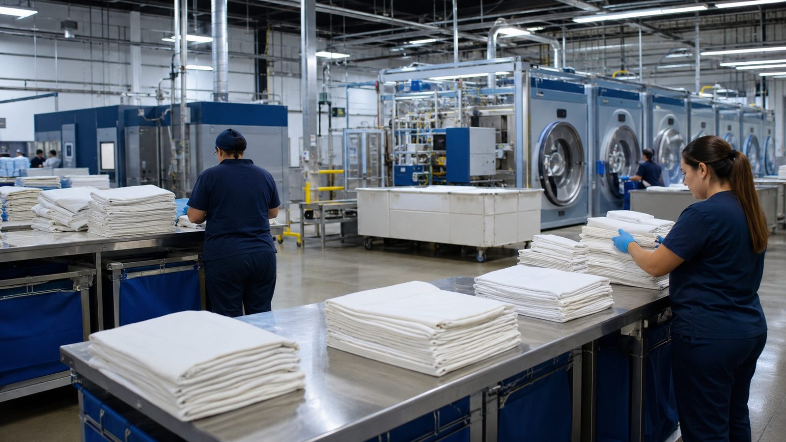 Staff folding clean linens at stainless tables inside a large commercial healthcare laundry with industrial washers behind them.