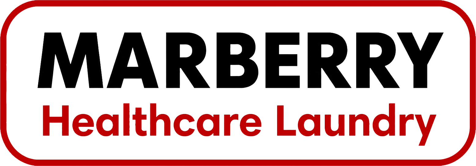 Logo with the text “MARBERRY Healthcare Laundry” in black and red letters on a white background, outlined with a red border.